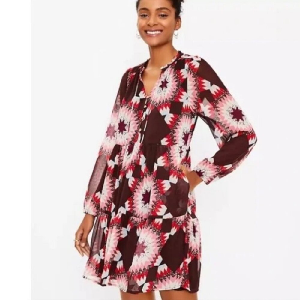 Loft Patchwork Button Flounce Mini Dress, Red multi | Size Medium